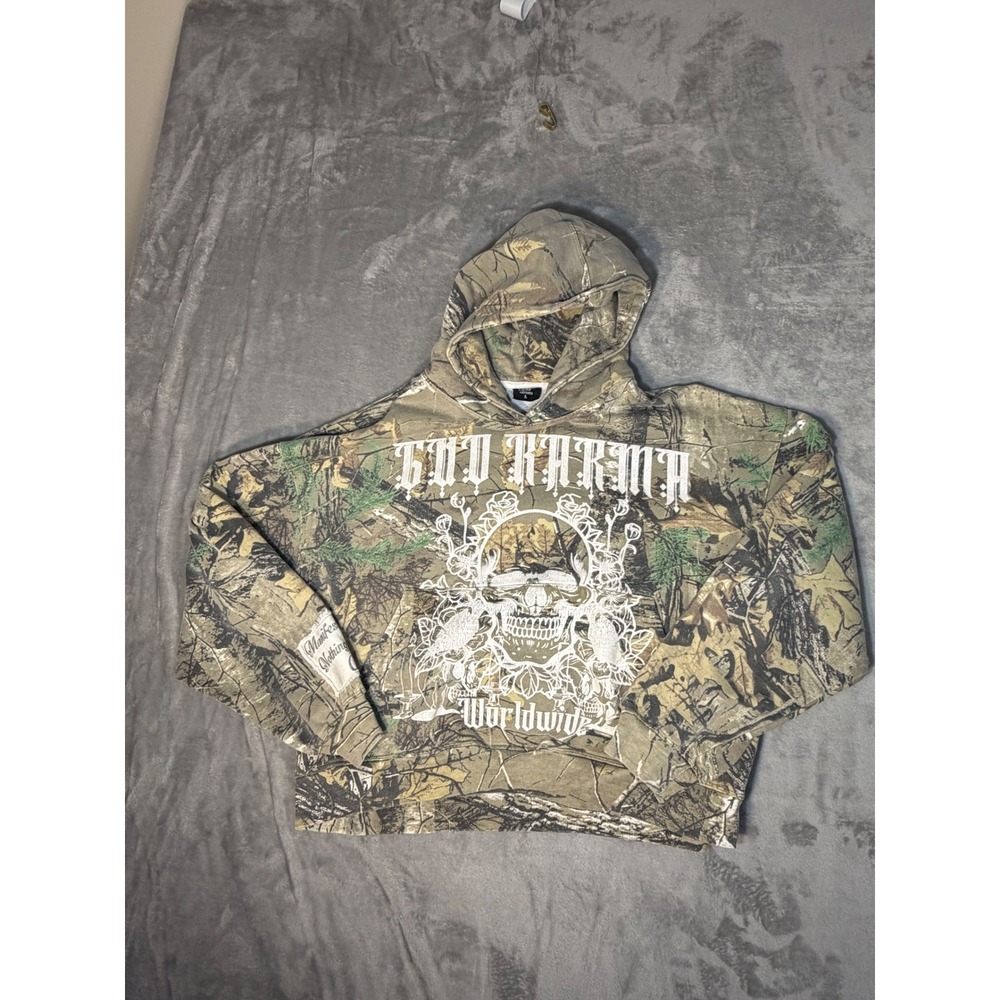 Gud Karma Hoodie Mens Large Camouflage Skull Graphic Cropped Boxy Streetwear